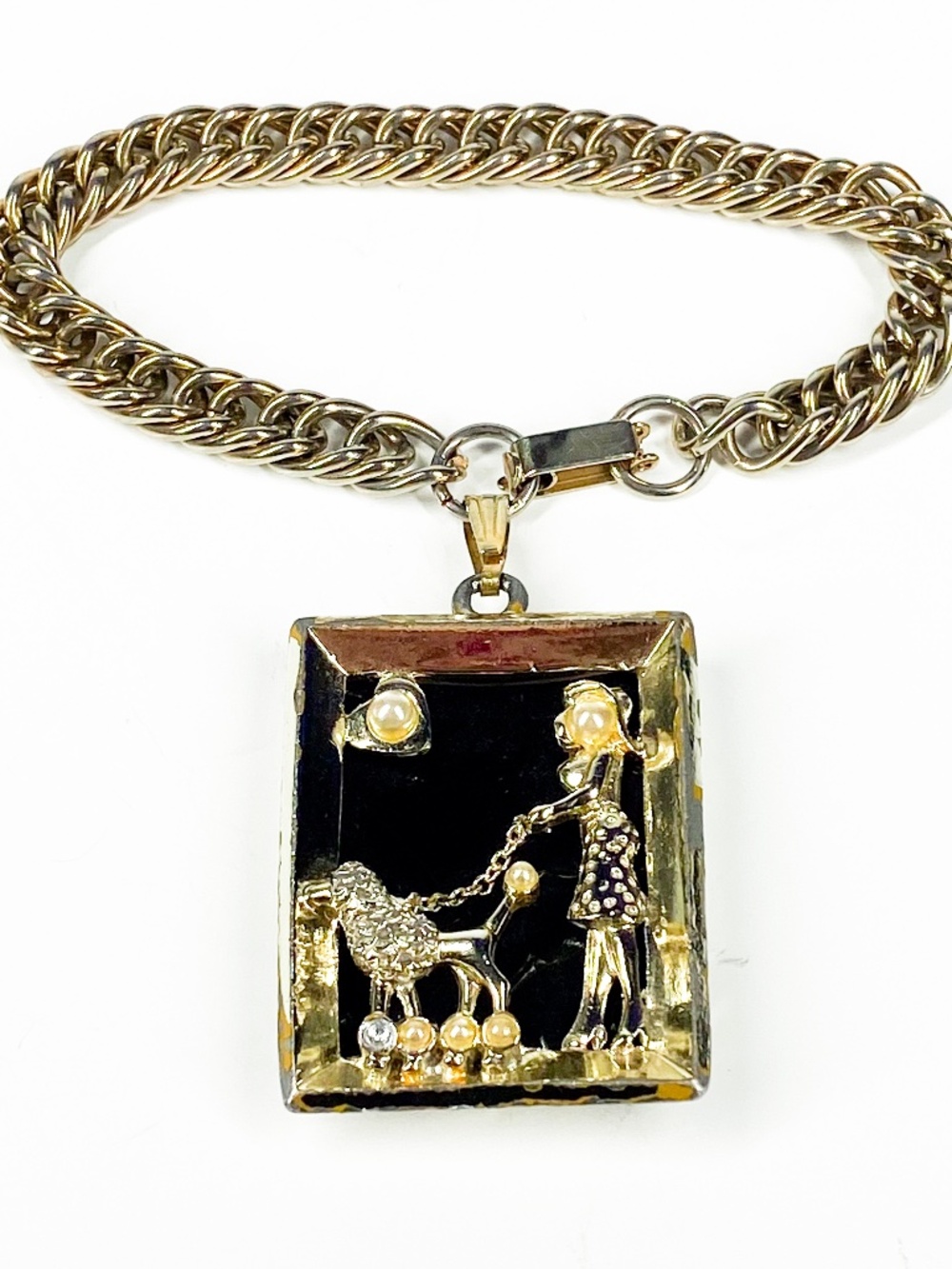 Vintage 50s 60s Bracelet Pendant of Lady Walking Dog: Gold-Tone Black Faux Pearl